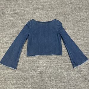 N/Nicholas Shirt Women 4 Blue Denim Cropped Jean Bell Sleeve Fringe Western Jean